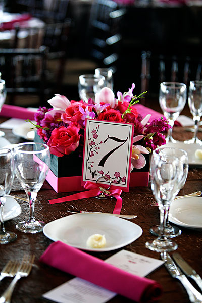 Pink and black wedding centerpieces