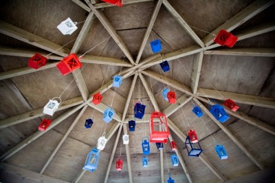 lanterns hung from barn roof