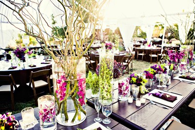 purple-green-pink-orchid-branch-centerpieces-submerged-flowers-brown-wood-estate-tables