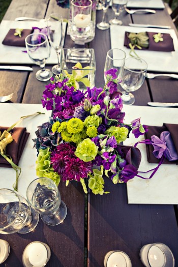 Purple and green centerpiece green and purple wedding