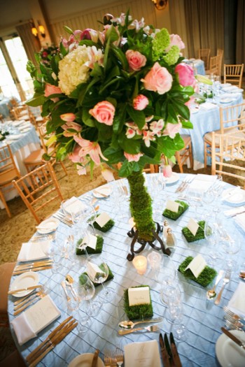 tall-pink-and-green-centerpieces-blue-linens tall-pink-and-green-centerpieces-blue-linens
