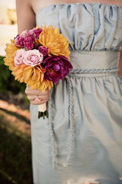 ice-blue-bridesmaids-dresses-fuschia-yellow-bouquets