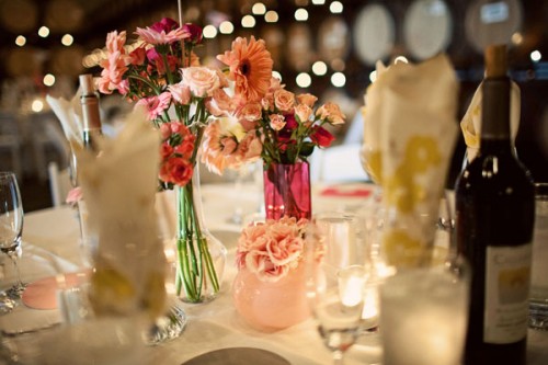 yellow-pink-centerpiece-vintage-vases