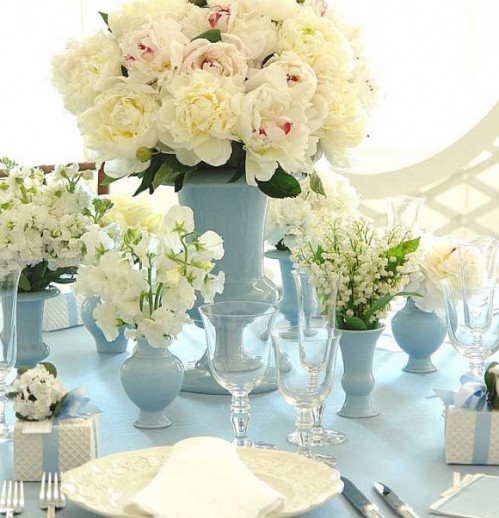 fluffy-white-flowers-in-blue-vases fluffy-white-flowers-in-blue-vases