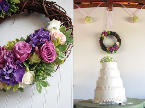 Purple and Green Floral Wedding Wreath Cake Table Decor 500x375