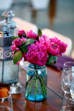 Hot Pink Peonies in Blue Mason Jar