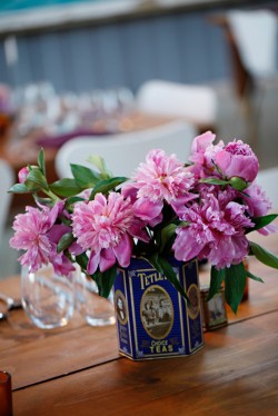 Purple Flowers in Vintage Tin Container