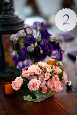 Purple and Pink Flowers in Vintage Tin Containers