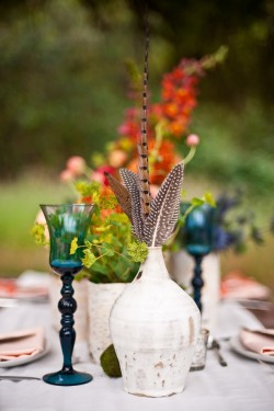 Gypsy Wedding Ideas Blue Goblets and Feather Centerpieces