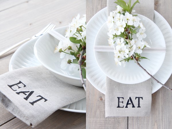 I love these stenciled burlap napkins with paper plate look dishes