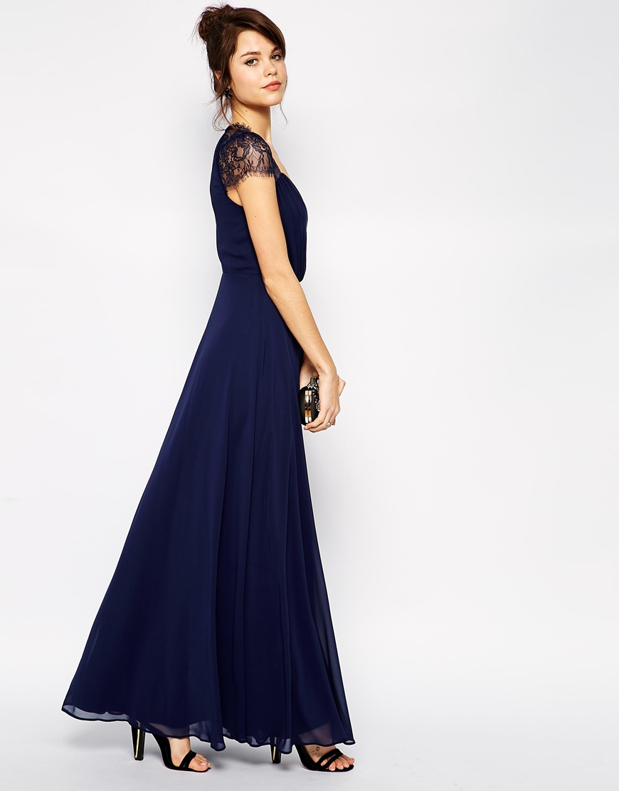 chinese dress ladies ASOS DESIGN Lace Insert Pleated Midi Dress With Embroidery In Navy main image 0