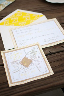 Yellow Gingham and Kraft Paper Custom Calligraphy Map Invitations