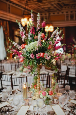 Pink and White Delphinium Ivy and Stock Tall Wedding Centerpiece