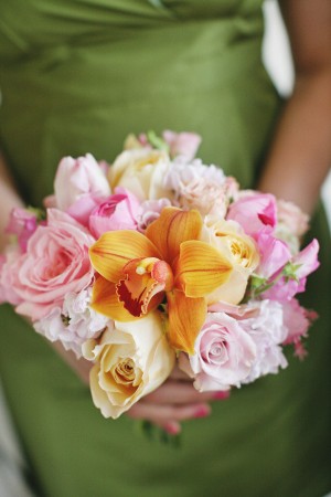 Orange Orchid and Pink Rose Bridesmaid Bouquet