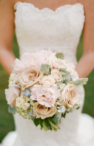 Pale Peach and Pink Bouquet With Blue Hydrangeas