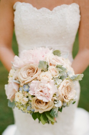 Pale Peach and Pink Bouquet With Blue Hydrangeas1