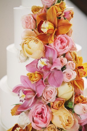 Pink and Orange Rose and Orchid Wedding Cake