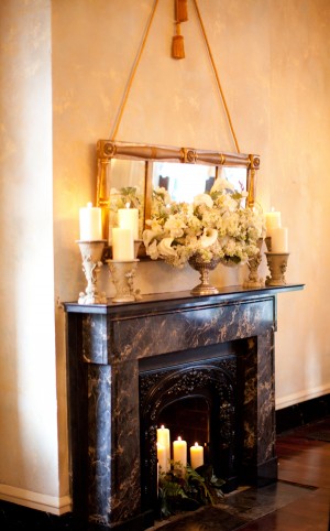 Reception Flowers and Candles Over Fireplace1