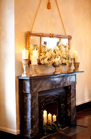 Reception Flowers and Candles Over Fireplace2