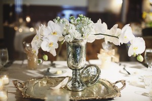 Silver Vase and Tray with White Orchid Bouquet