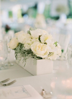 White and Cream Flowers in Wooden Box Centerpiece 1