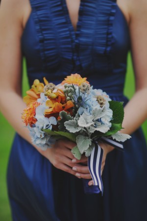 Peacock Blue Bridesmaid Dress and Striped Ribbon Bouquet