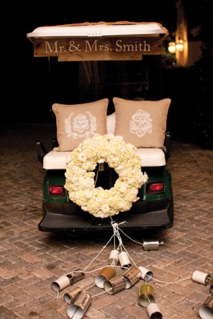 Wedding Reception Getaway Golf Cart With Floral Wreath