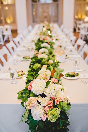 Pale Rose Hydrangea and Greenery Reception Table Runner