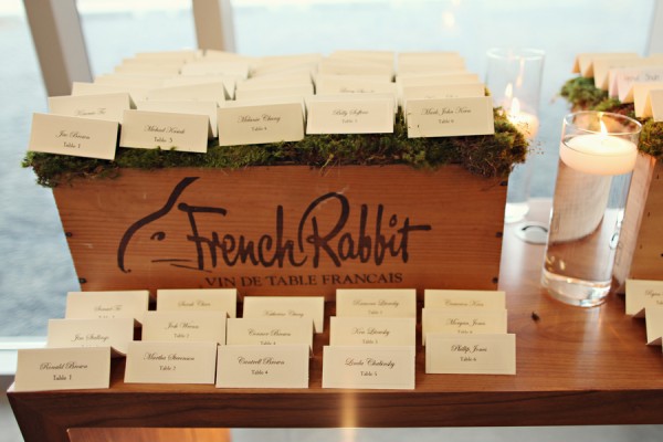 Place Cards on Moss in Wooden Wine Crate