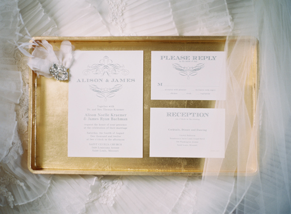 Classic Silver and Cream Wedding Stationery on Gold Tray