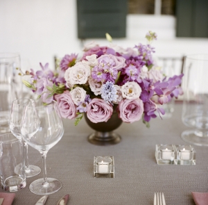 Pink Lavender and Blue Reception Arrangement in Copper Vase