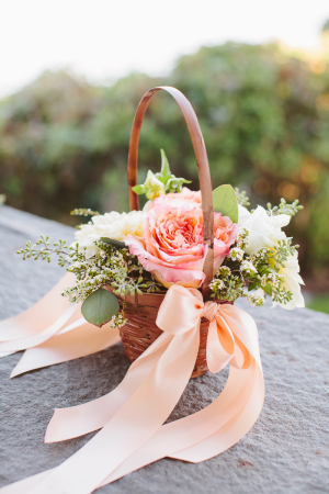 Basket With Peach and Green Florals and Peach Ribbon