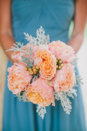 Turquoise Bridesmaids Dress Peach Bouquet