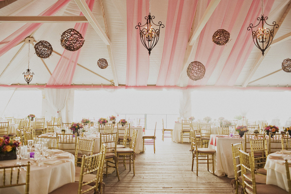 Pink and White Tent Reception With Chandeliers