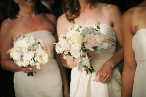 White Bridesmaids Dresses with Ivory Bouquets
