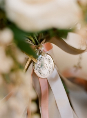 Monogrammed Locket Charm on Bridal Bouquet