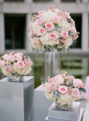Pink Rose White Hydrangea and Dusty Miller Arrangements