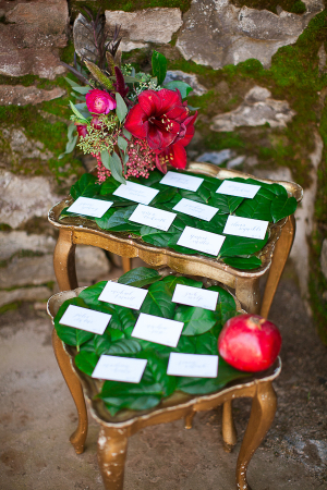 Green Leaves and Place Cards on Gold Vintage Tables