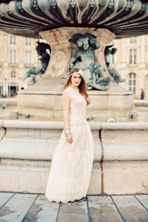Bride in Lace Gown in Front of French Fountain