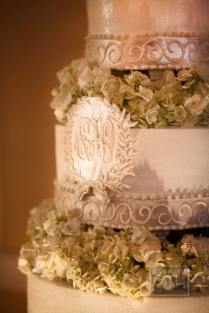 Monogrammed Wedding Cake With Green Hydrangeas