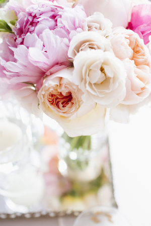 Pink and Blush Flowers in Glass Vase
