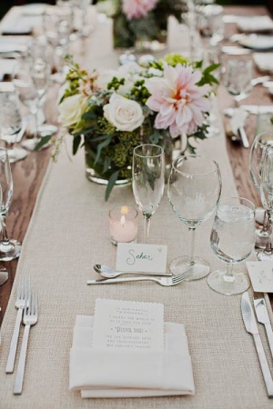 Cream Linen and Pale Pink Reception Table Decor