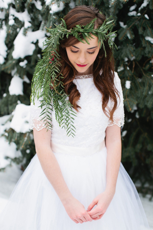 Winter Bride Wearing Greenery Crown