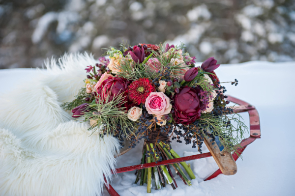 Red Floral and Pine Bouquet