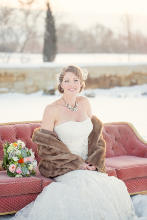 Brown Fur Wrap Over Bridal Gown