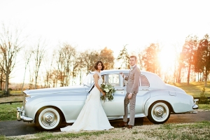 Bride and Groom with Vintage Car
