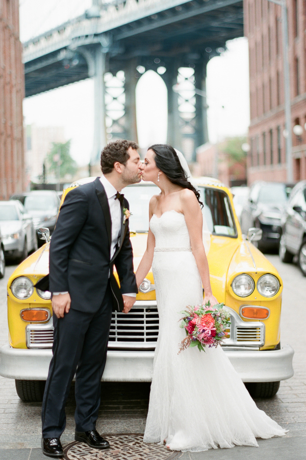 Bride and Groom with Vintage Taxi