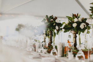 Centerpieces of Leaves and White Floral