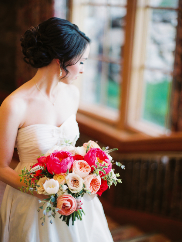 Bride with Peach and Pink Bouquet