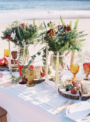 Centerpieces of Greenery and Blue Thistle